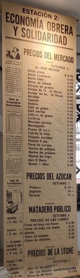 Cartel monumental Precios del mercado, Precios del azúcar, Matadero público y Precios de la leche